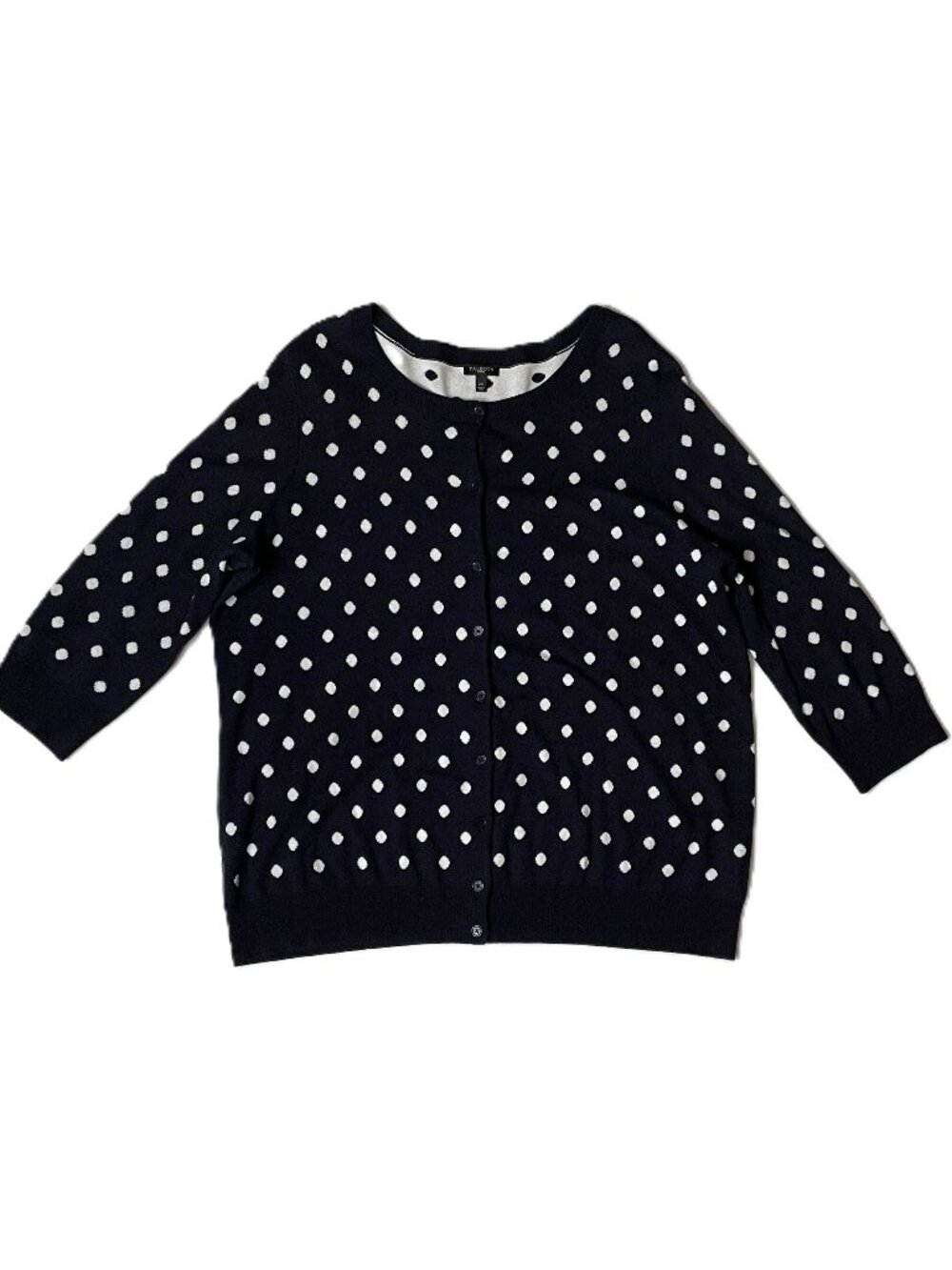 Talbots Cardigan Sweater Plus Sz 2X Navy White Polka Dot Button-Front 3/4 Sleeve
